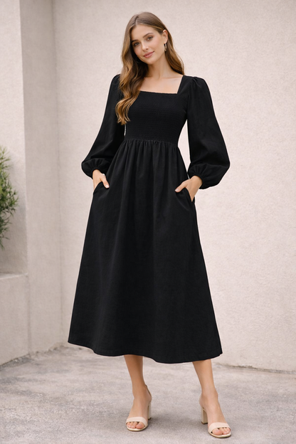 Black Cotton Midi Dress | Smocked Upper | 2 Side Pockets | Long Sleeve | Flowy Casual Dress