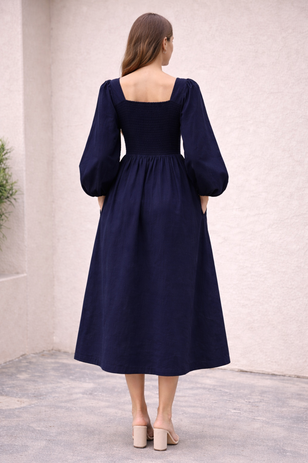 Dark Blue Cotton Midi Dress | Smocked Upper | 2 Side Pockets | Long Sleeve | Flowy Casual Dress