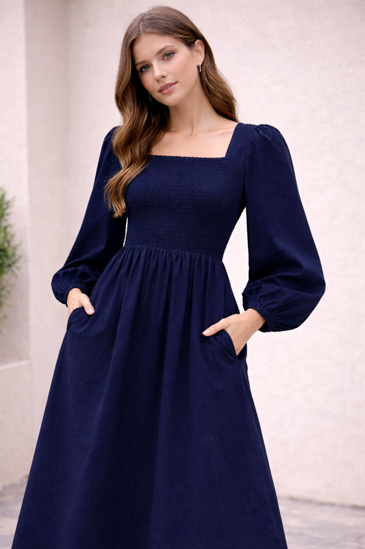 Dark Blue Cotton Midi Dress | Smocked Upper | 2 Side Pockets | Long Sleeve | Flowy Casual Dress