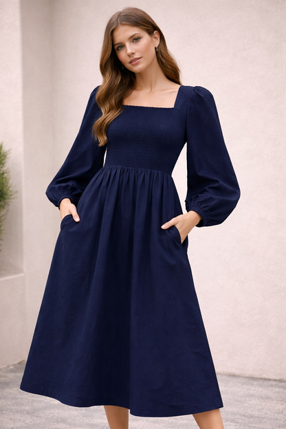 Dark Blue Cotton Midi Dress | Smocked Upper | 2 Side Pockets | Long Sleeve | Flowy Casual Dress