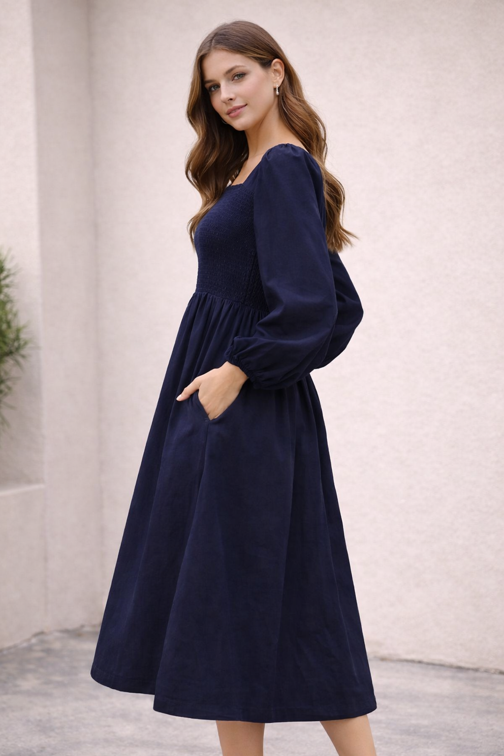 Dark Blue Cotton Midi Dress | Smocked Upper | 2 Side Pockets | Long Sleeve | Flowy Casual Dress