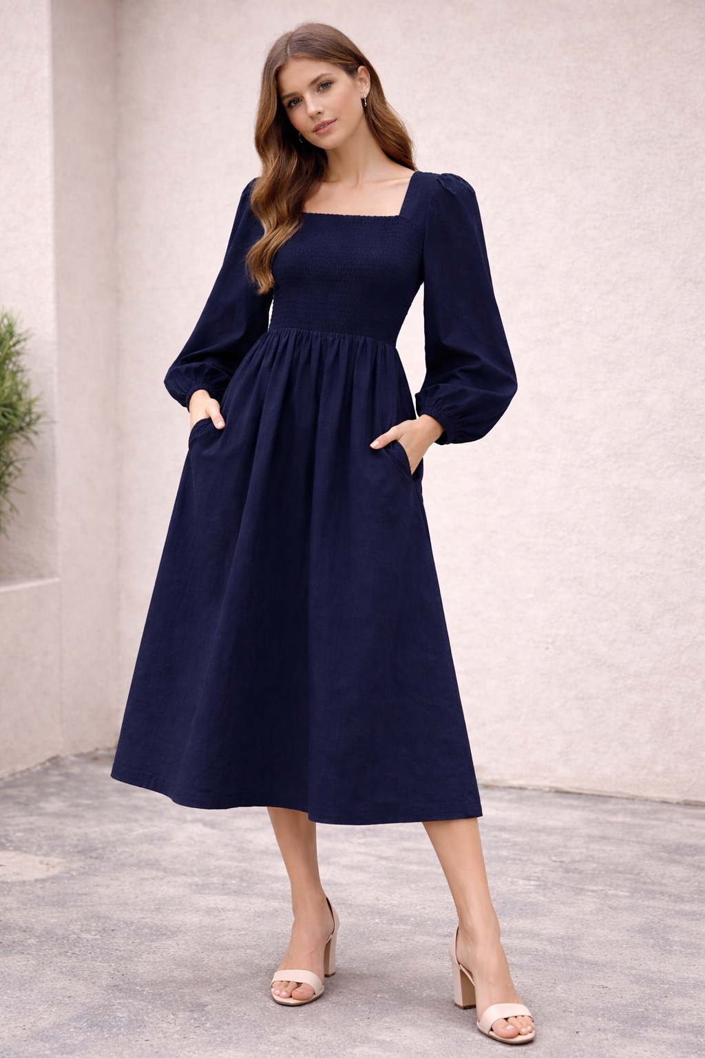 Dark Blue Cotton Midi Dress | Smocked Upper | 2 Side Pockets | Long Sleeve | Flowy Casual Dress