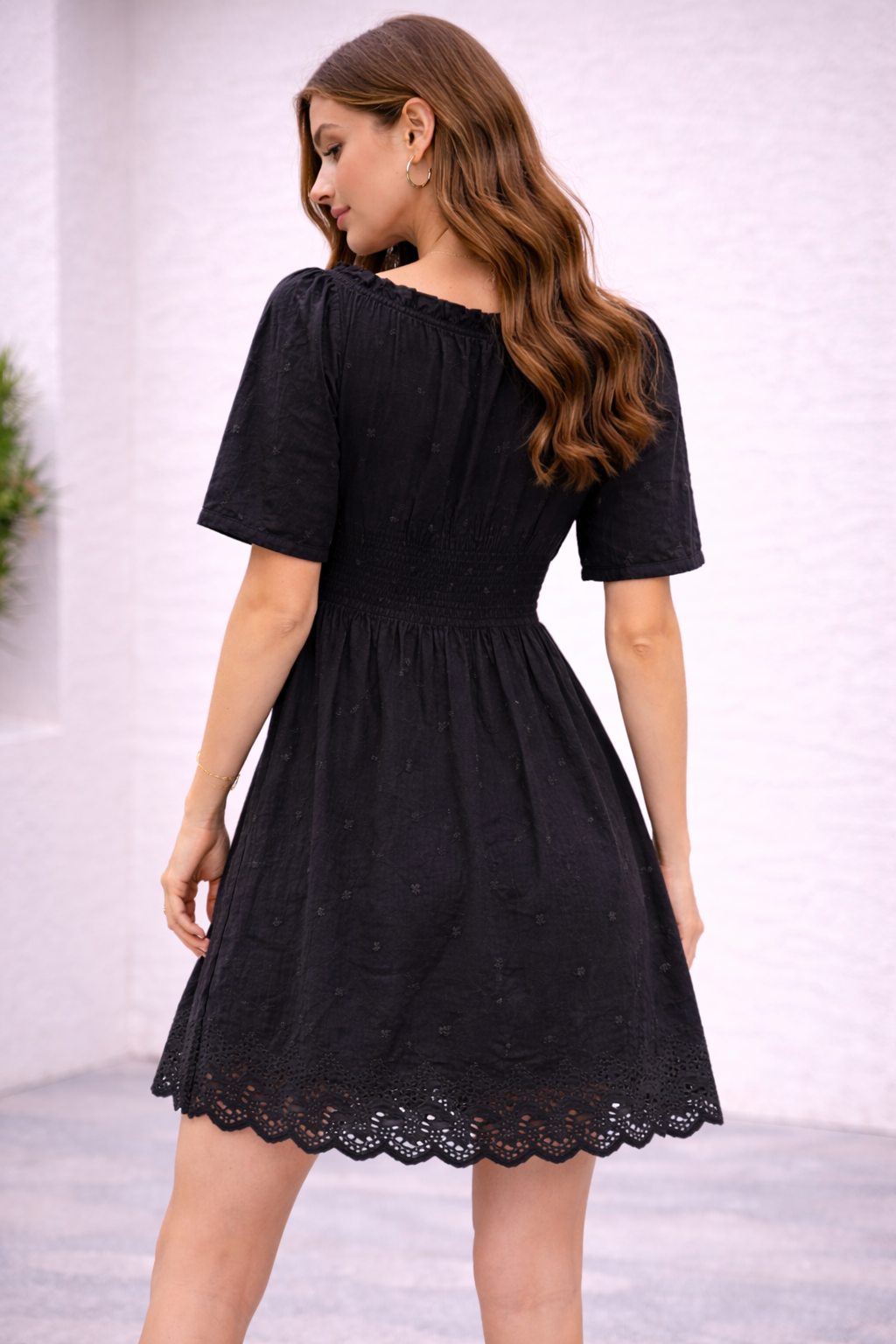 Plus Size Black Cotton Dress with Inner | Loose Fit | V-Neck Button Detail | Short Sleeve Casual Dress