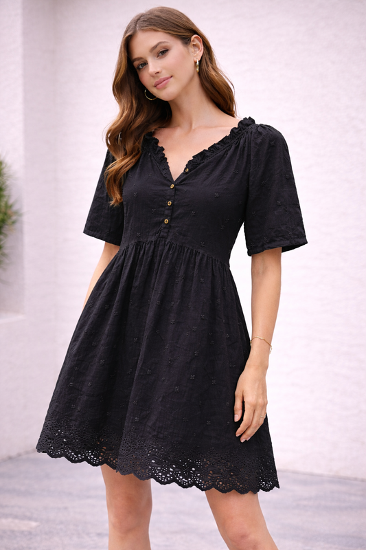 Plus Size Black Cotton Dress with Inner | Loose Fit | V-Neck Button Detail | Short Sleeve Casual Dress