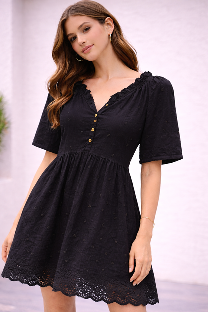 Plus Size Black Cotton Dress with Inner | Loose Fit | V-Neck Button Detail | Short Sleeve Casual Dress