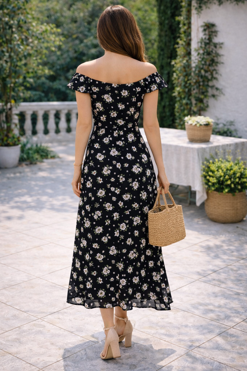 Black Floral Off-Shoulder Midi Dress | 100% Rayon | Flared Summer Dress