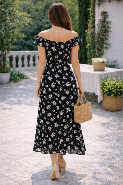Black Floral Off-Shoulder Midi Dress | 100% Rayon | Flared Summer Dress