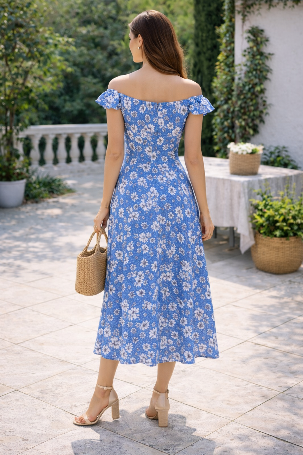 Blue Floral Off-Shoulder Midi Dress | 100% Rayon | Flared Summer Dress