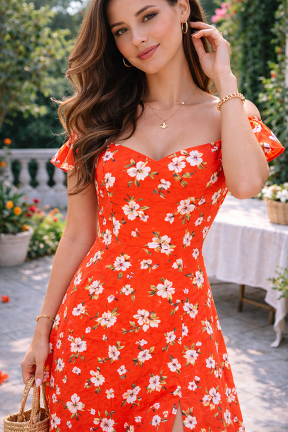Orange Floral Off-Shoulder Midi Dress | 100% Rayon | Flared Summer Dress