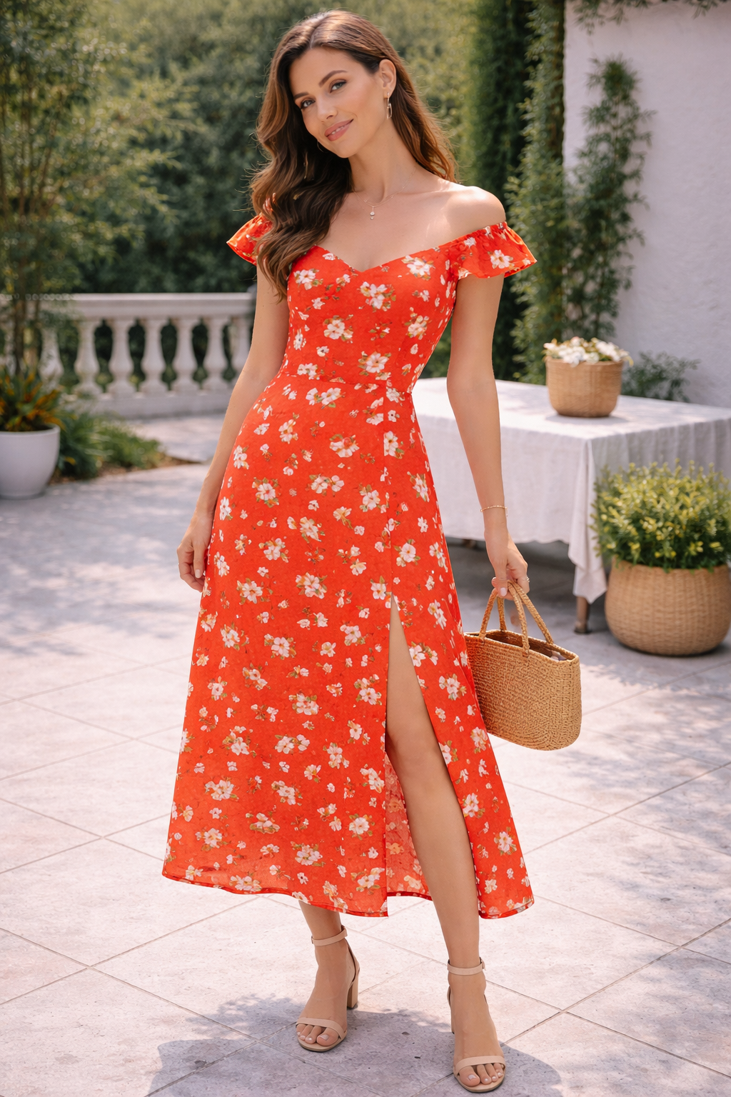 Orange Floral Off-Shoulder Midi Dress | 100% Rayon | Flared Summer Dress