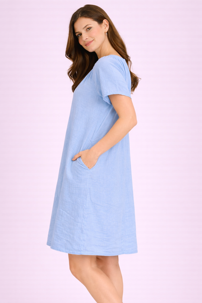Light Blue Cotton Plus Size Dress | 2 Side Pockets | Loose Fit | Casual Knee Length Dress