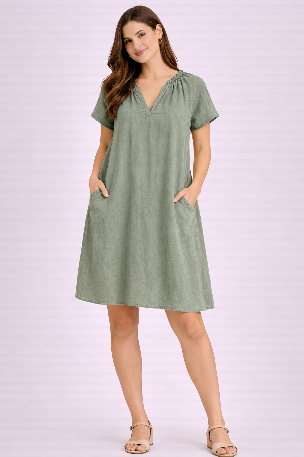 Sea Green Cotton Plus Size Dress | 2 Side Pockets | Loose Fit | Casual Knee Length Dress