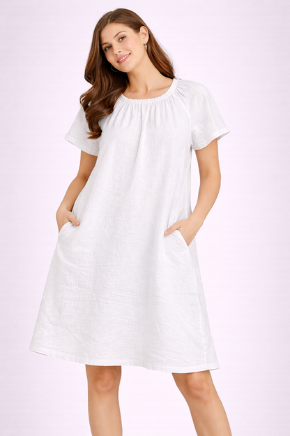 White Cotton Plus Size Dress | 2 Side Pockets | Loose Fit | Casual Knee Length Dress