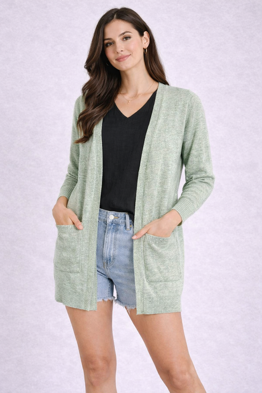 Sea Green Acrylic Open Front Cardigan with Pockets | Long Sleeve Casual Shrug