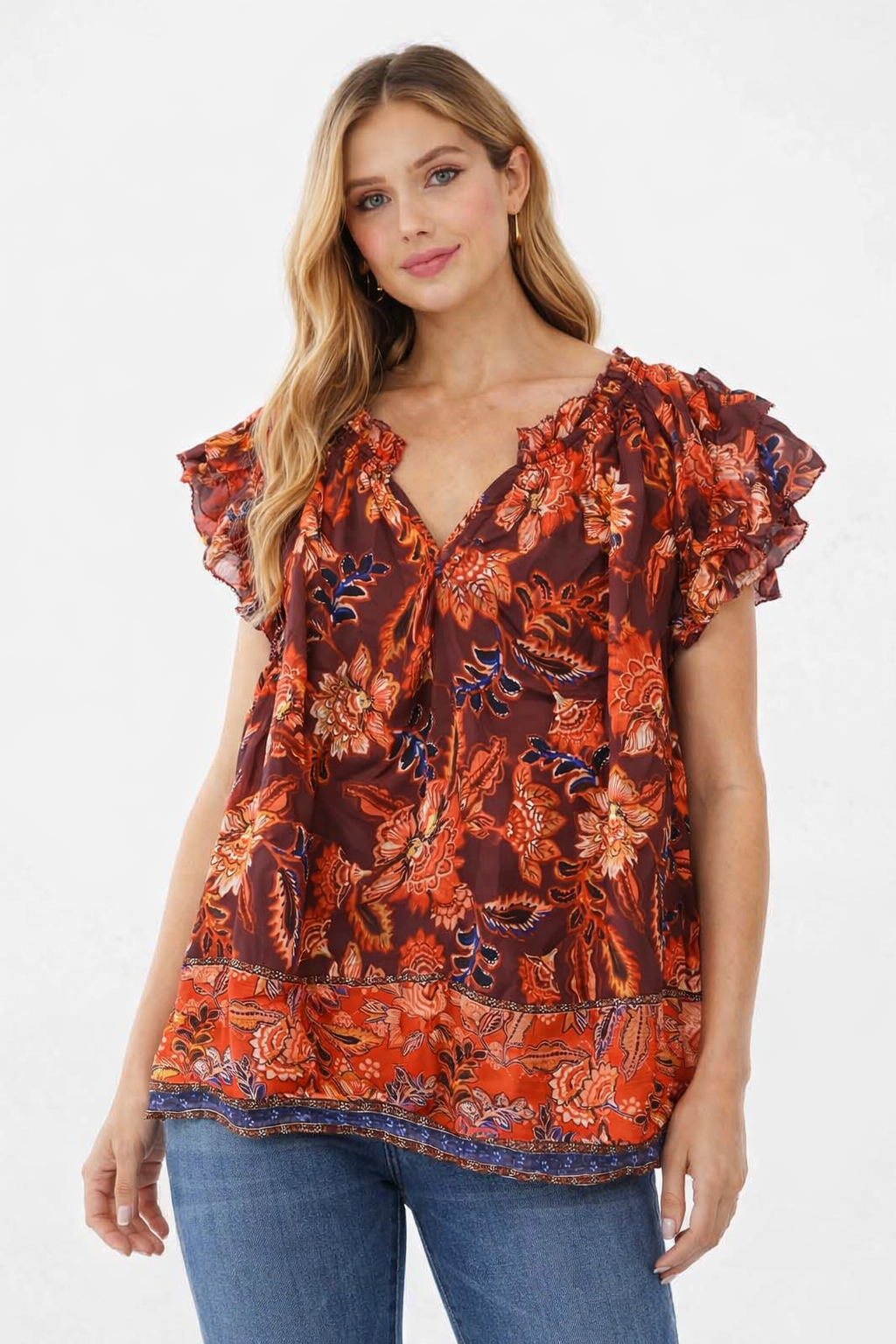 Plus Size Floral Printed Loose Fit V-Neck Flutter Sleeve Casual Top