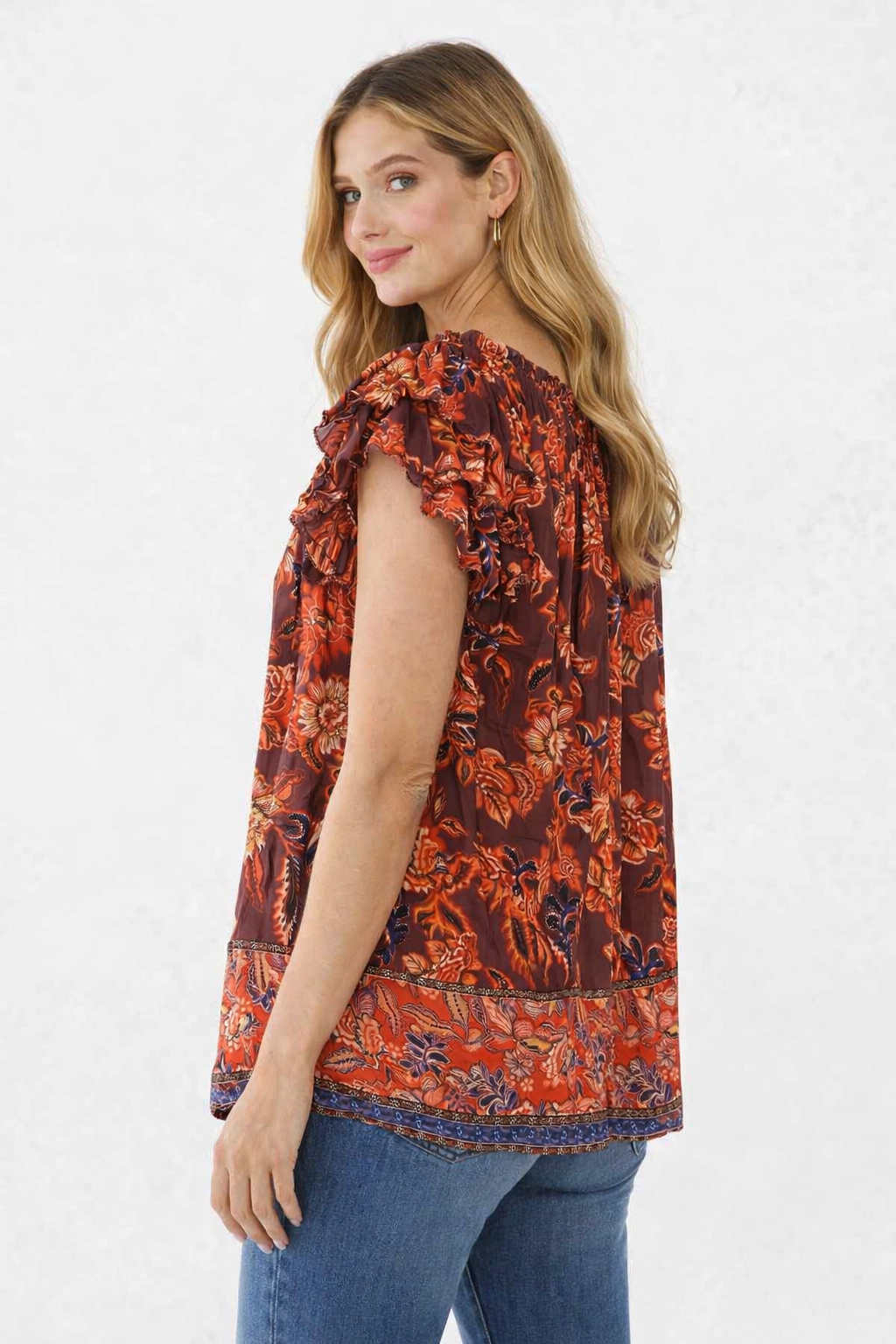 Plus Size Floral Printed Loose Fit V-Neck Flutter Sleeve Casual Top