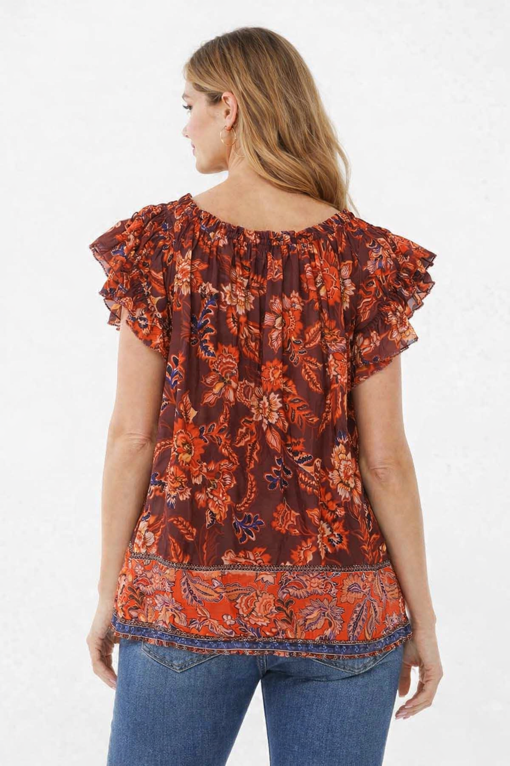 Plus Size Floral Printed Loose Fit V-Neck Flutter Sleeve Casual Top