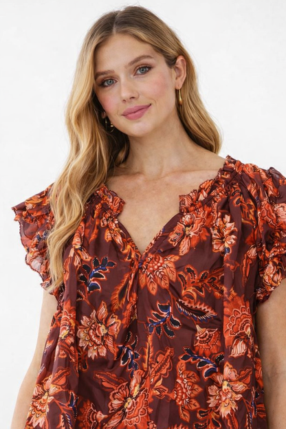 Plus Size Floral Printed Loose Fit V-Neck Flutter Sleeve Casual Top