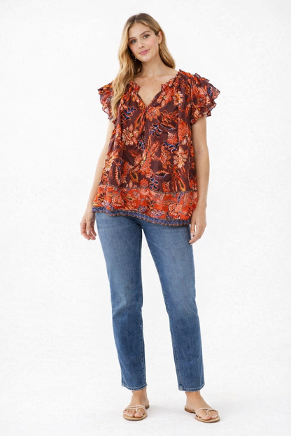 Plus Size Floral Printed Loose Fit V-Neck Flutter Sleeve Casual Top