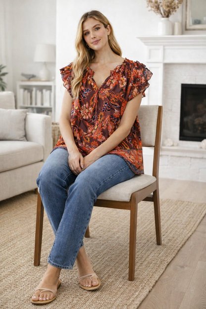 Plus Size Floral Printed Loose Fit V-Neck Flutter Sleeve Casual Top