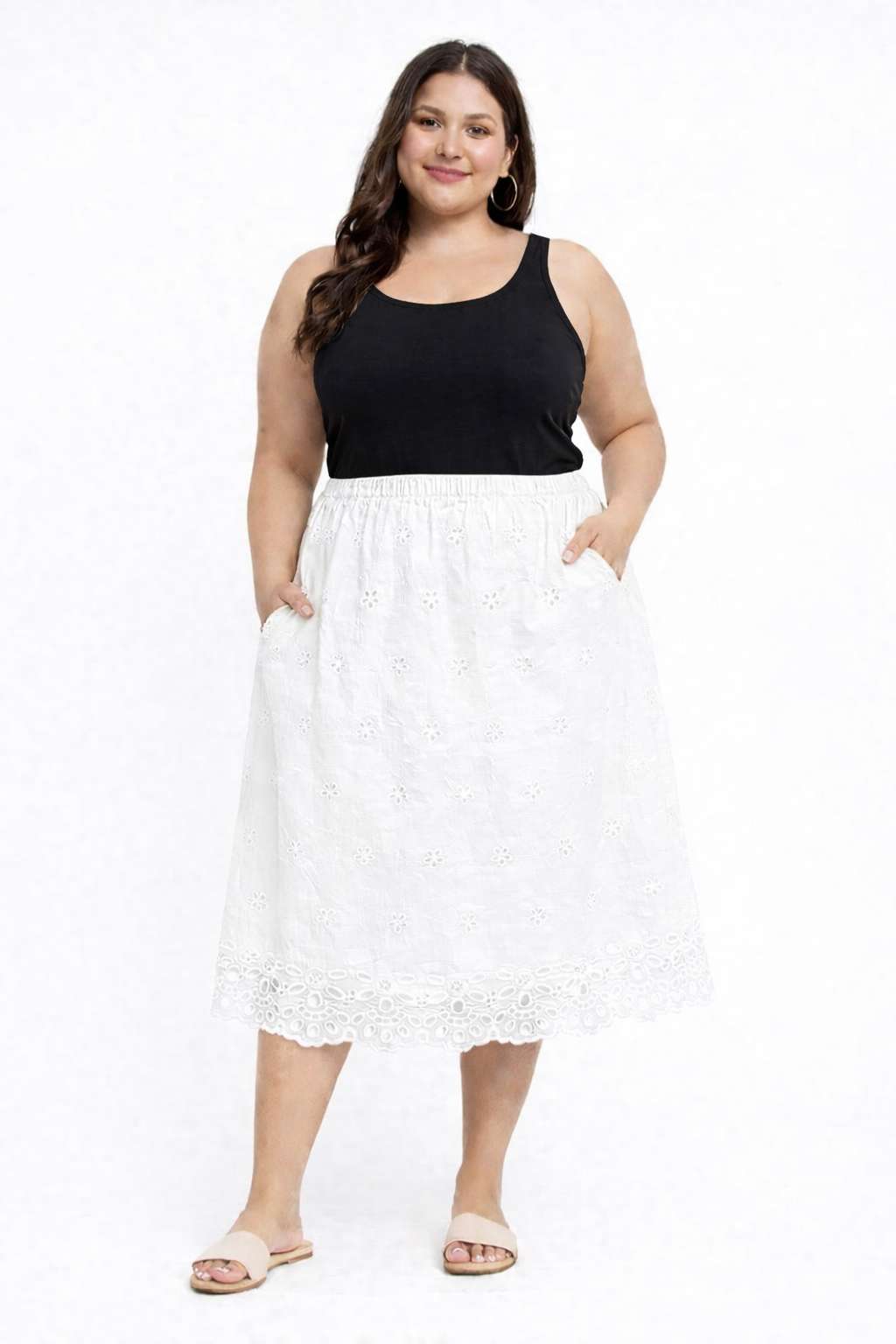 Plus Size White Cotton A-Line Midi Skirt with Pockets
