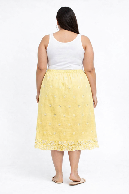 Plus Size Yellow Cotton A-Line Midi Skirt with Pockets
