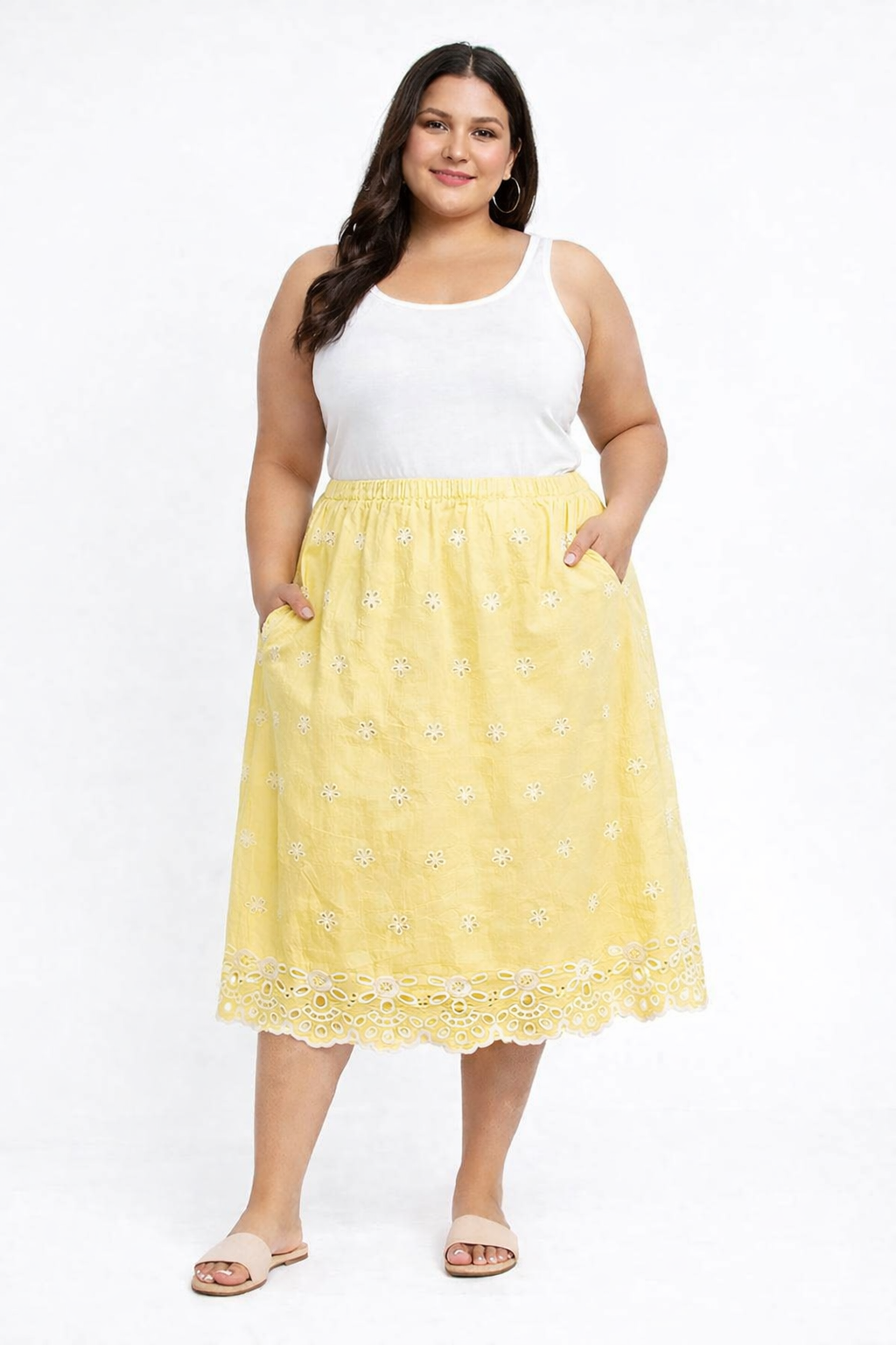 Plus Size Yellow Cotton A-Line Midi Skirt with Pockets