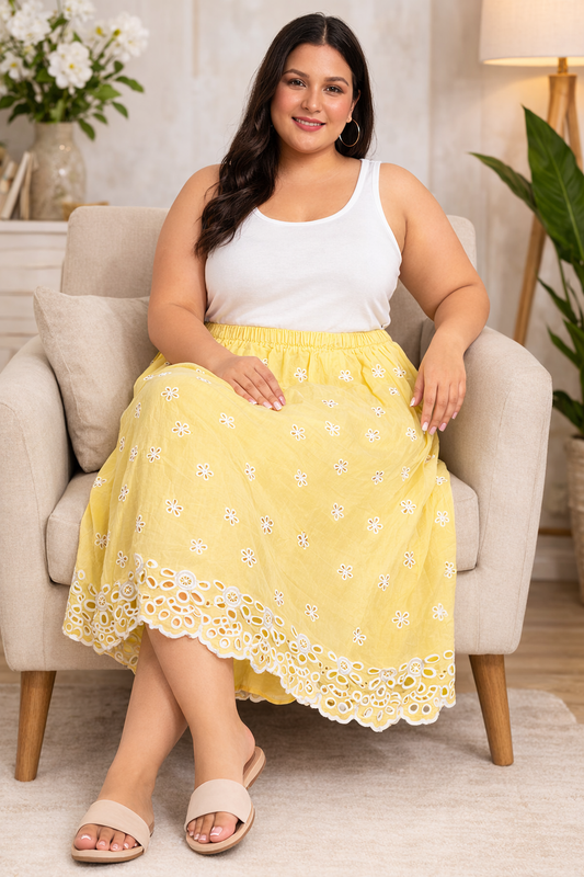 Plus Size Yellow Cotton A-Line Midi Skirt with Pockets
