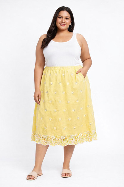 Plus Size Yellow Cotton A-Line Midi Skirt with Pockets