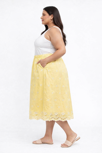 Plus Size Yellow Cotton A-Line Midi Skirt with Pockets