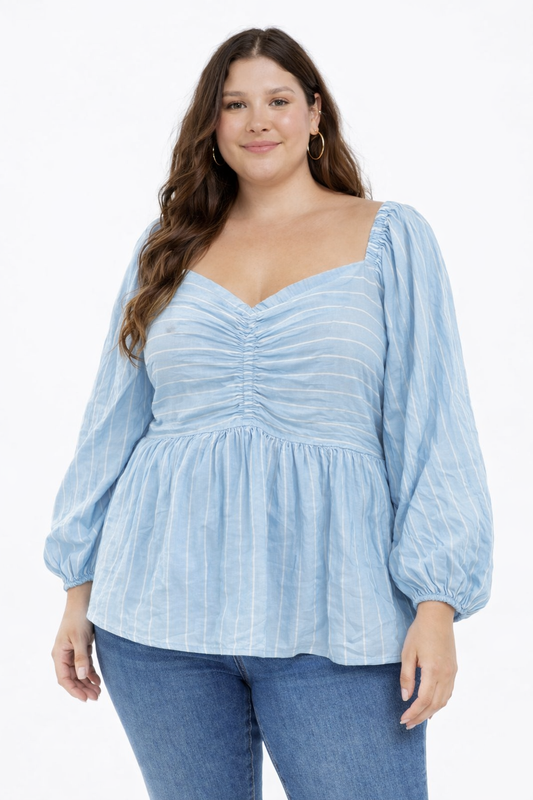 Plus Size Sky Blue Cotton Ruched Peplum Top