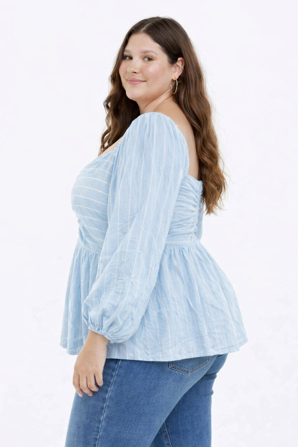Plus Size Sky Blue Cotton Ruched Peplum Top