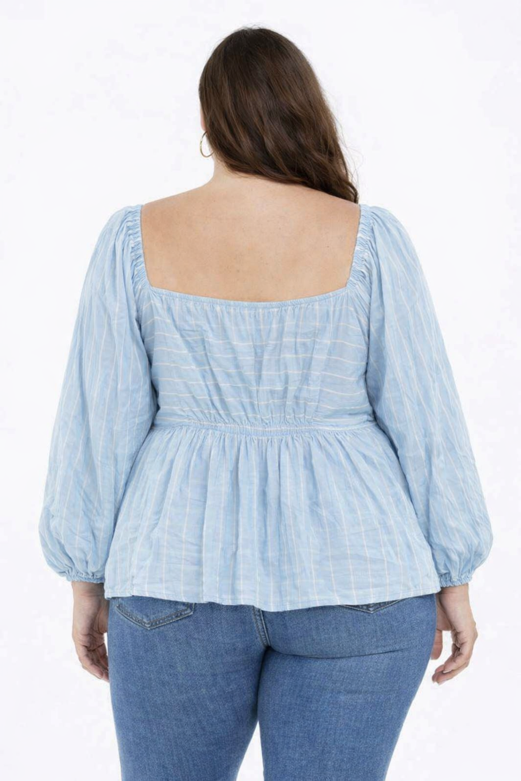 Plus Size Sky Blue Cotton Ruched Peplum Top