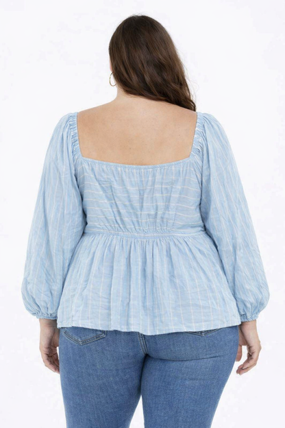 Plus Size Sky Blue Cotton Ruched Peplum Top