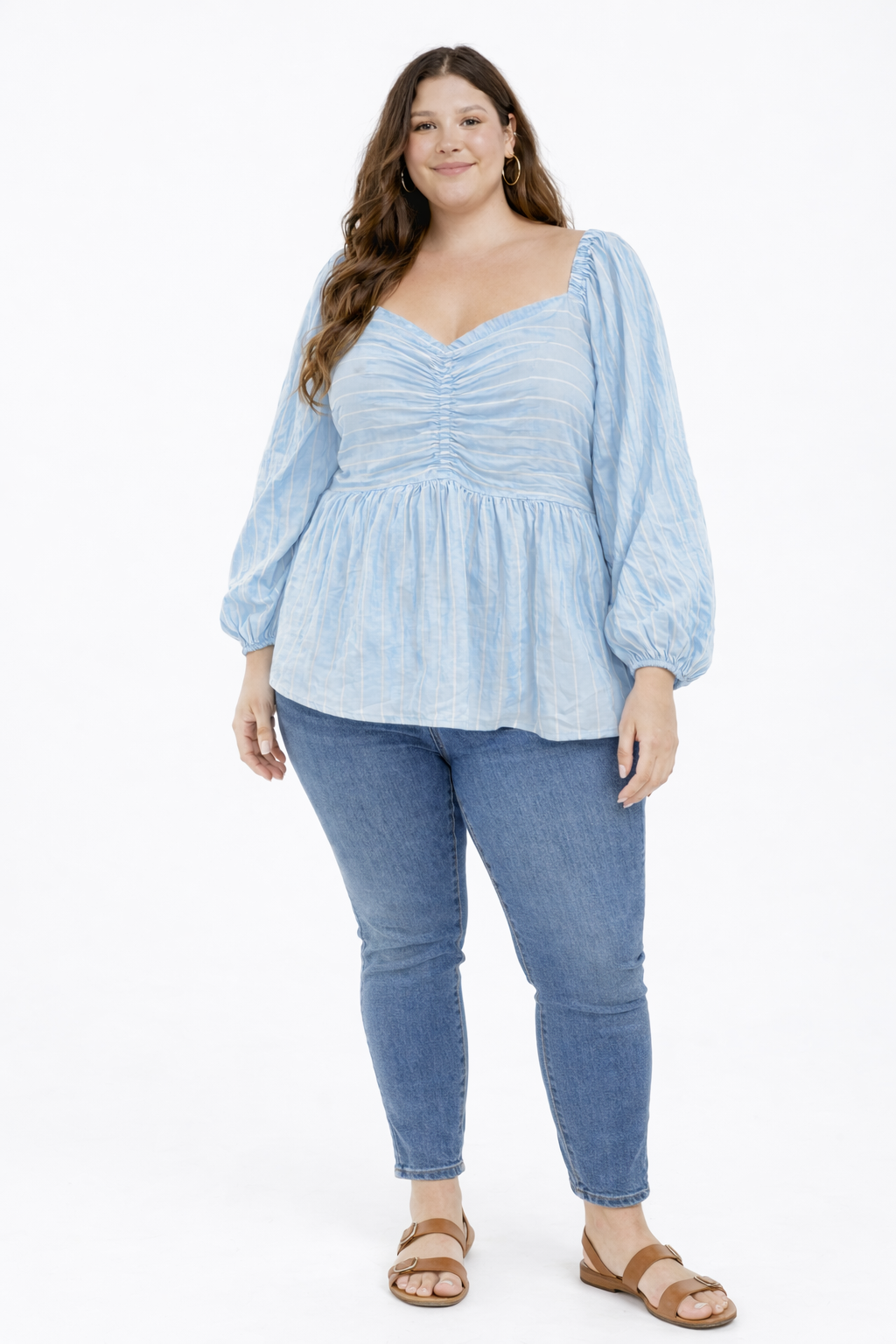 Plus Size Sky Blue Cotton Ruched Peplum Top