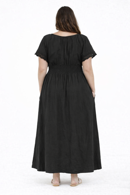 NoBarr Women Plus Size Black Cotton Fit & Flare Maxi Dress with Pockets
