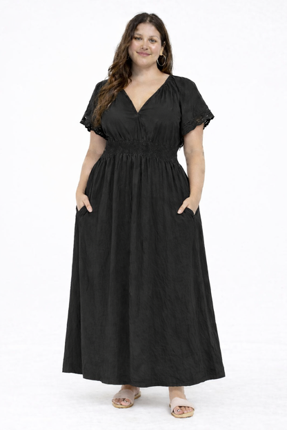 NoBarr Women Plus Size Black Cotton Fit & Flare Maxi Dress with Pockets