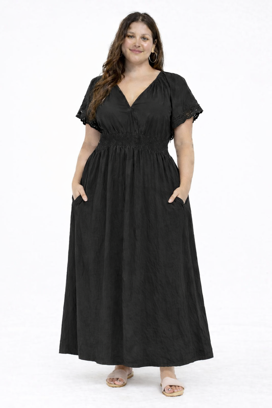 NoBarr Women Plus Size Black Cotton Fit & Flare Maxi Dress with Pockets