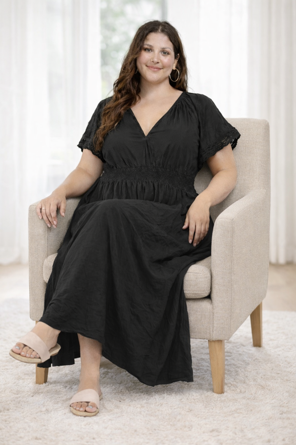 NoBarr Women Plus Size Black Cotton Fit & Flare Maxi Dress with Pockets