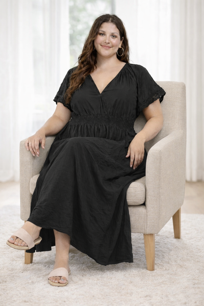 NoBarr Women Plus Size Black Cotton Fit & Flare Maxi Dress with Pockets