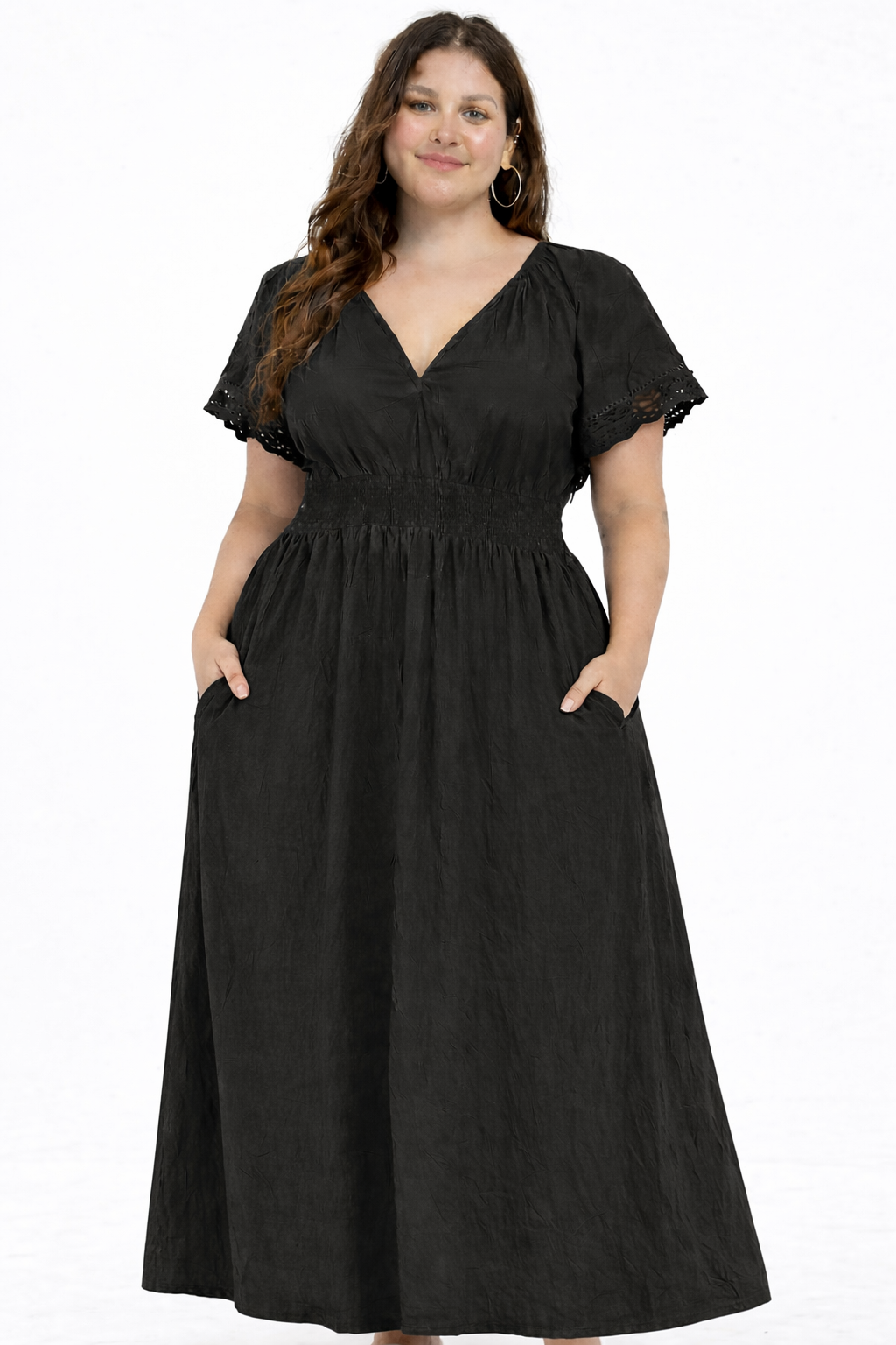 NoBarr Women Plus Size Black Cotton Fit & Flare Maxi Dress with Pockets