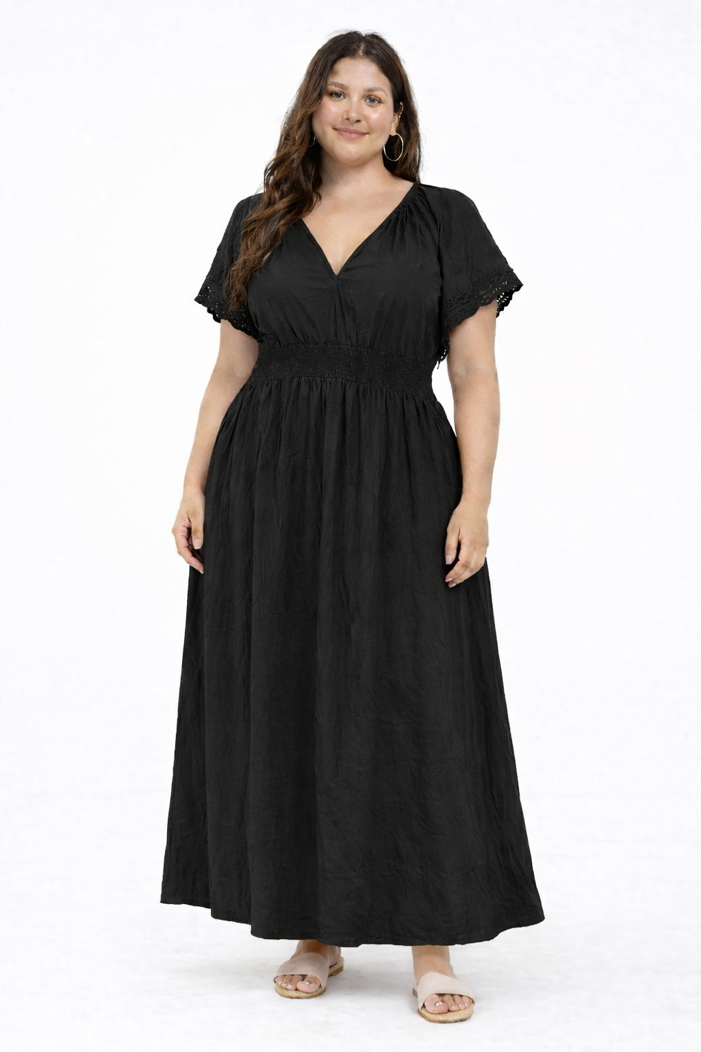 NoBarr Women Plus Size Black Cotton Fit & Flare Maxi Dress with Pockets