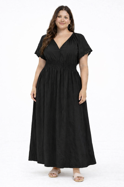 NoBarr Women Plus Size Black Cotton Fit & Flare Maxi Dress with Pockets