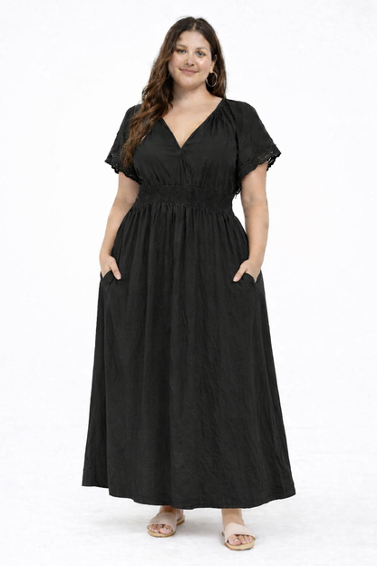 NoBarr Women Plus Size Black Cotton Fit & Flare Maxi Dress with Pockets