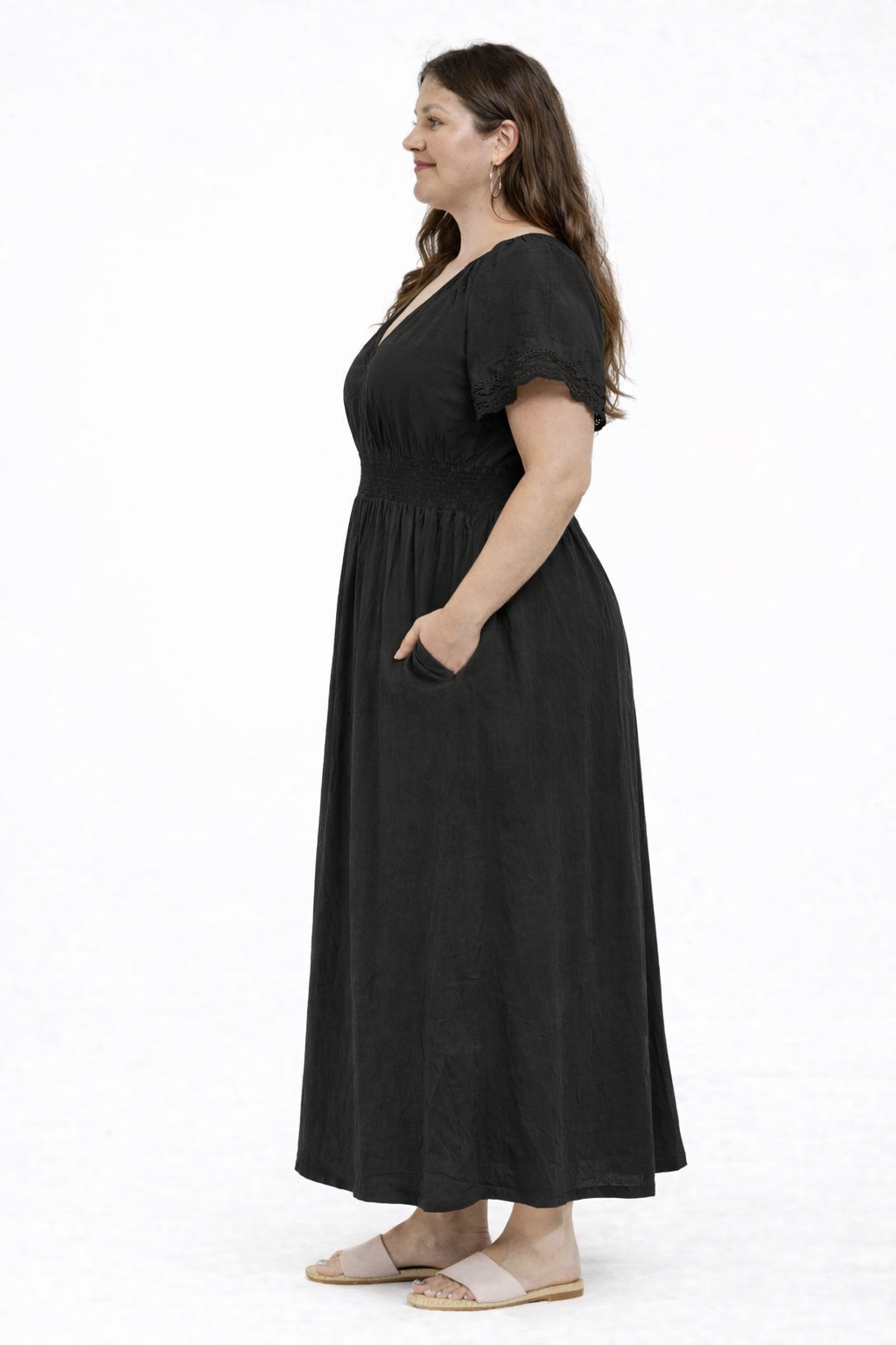 NoBarr Women Plus Size Black Cotton Fit & Flare Maxi Dress with Pockets