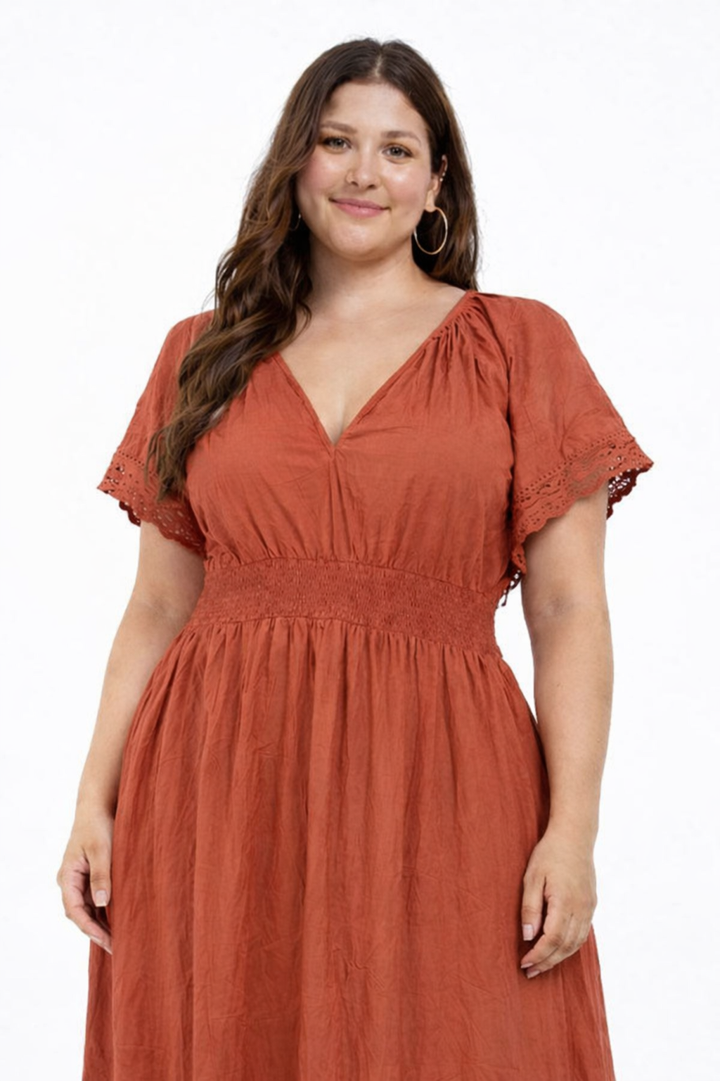 NoBarr Women Plus Size Rust Cotton Fit & Flare Maxi Dress with Pockets