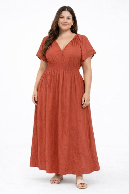 NoBarr Women Plus Size Rust Cotton Fit & Flare Maxi Dress with Pockets