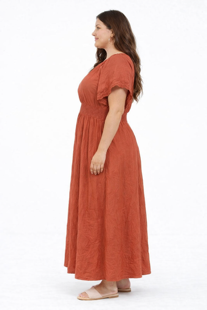 NoBarr Women Plus Size Rust Cotton Fit & Flare Maxi Dress with Pockets