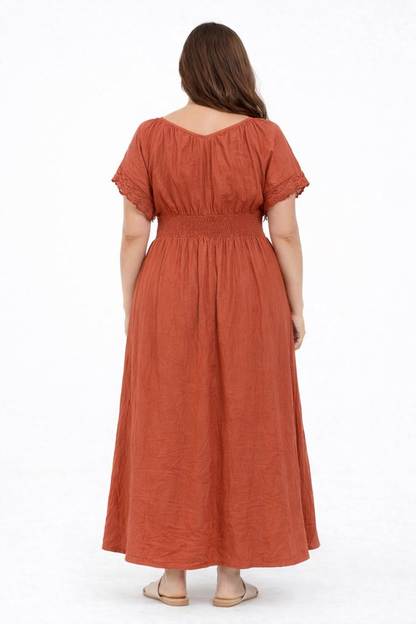 NoBarr Women Plus Size Rust Cotton Fit & Flare Maxi Dress with Pockets