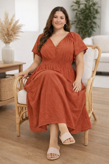 NoBarr Women Plus Size Rust Cotton Fit & Flare Maxi Dress with Pockets